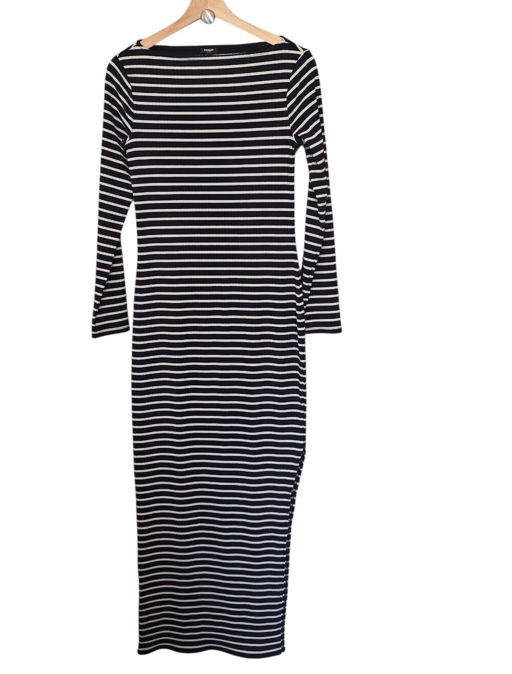 Express NWT Striped Fitted Side Slit Boatneck Maxi Dress Ribbed Texture Size S